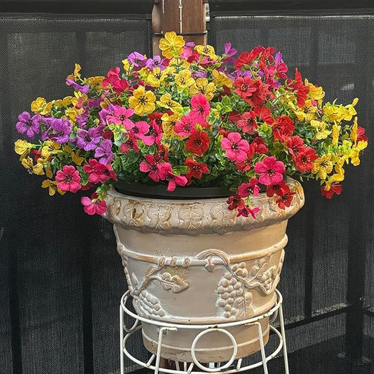 Artificial Flowers for Outdoor Indoor Garden Home Decoration, Faux Flower Daisy with Eucalyptus Leaves Fake Plants Greenery Boxwood Porch Patio, 12 Bundles (Mix Red Purple Yellow Fuchsia)