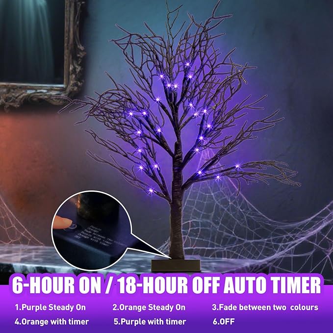 PEIDUO Halloween Decorations Indoor, Black Halloween Tree with 24 Dual-Color Orange & Purple Lights, Light Up Halloween Trees with Timer for Indoor Home Tabletop Desk Decor (2PK)