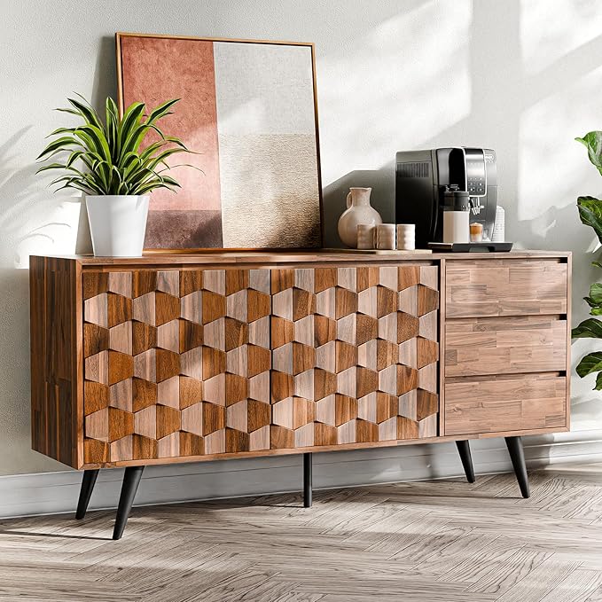 Bme Georgina Solid Wood Sideboard with Geometric Pattern, 2 Doors and 3 Drawers, 61 Inch Mid Century Modern Sideboard Cabinet for Kitchen, Dining Room, Living Room, Dark Choco