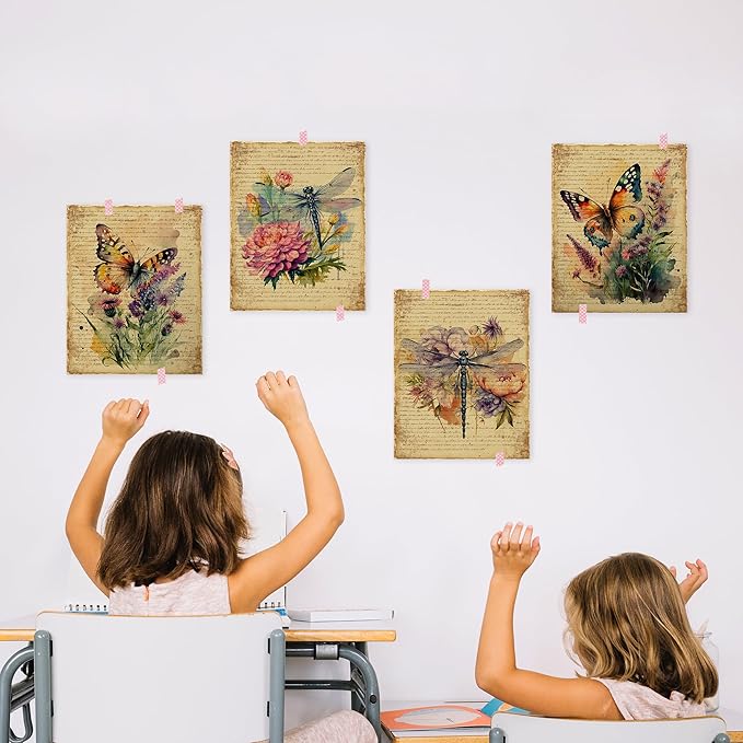 HRQKO Vintage Butterfly Dragonfly Floral Wall Art Poster Prints Set of 4, Dragonfly Wall Decor, Retro Wildflower Artwork Printing Posters Wall Decor, Butterfly Prints for Living Room 8”x10” Unframed