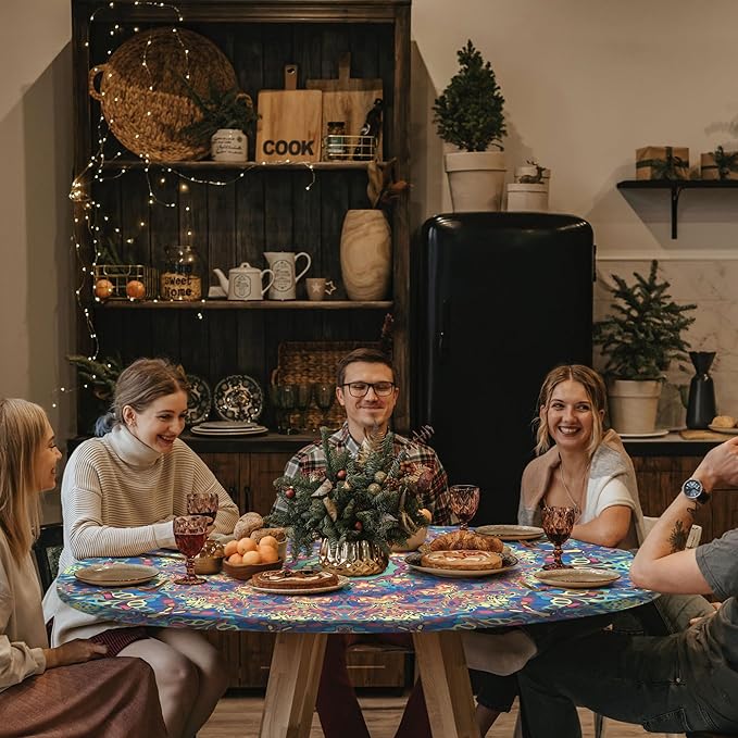 Round Tablecloth Waterproof Boho Fitted Vinyl Table Cloth Summer Fall Outdoor Circle Cover for 36-44" Tables Kitchen Dining Apartment Essentials Camping Picnic Party Decor Housewarming Gifts