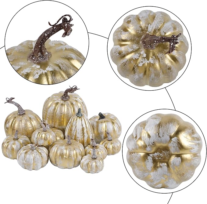 winemana 12 Pcs Thanksgiving Pumpkin Decorations, Assorted Sizes Artificial Foam Golden Pumpkins Fall Autumn Decor for Harvest Table Home Indoor Outdoor