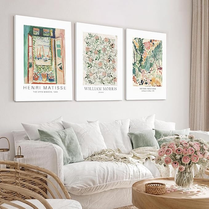 WRFON Sage Green Botanical Wall Art, Vintage Matisse Flower Market Wall Decor, Retro William Morris Floral Canvas Painting Prints for Gallery Wall, Living Room Bedroom Framed 12"x16"x3