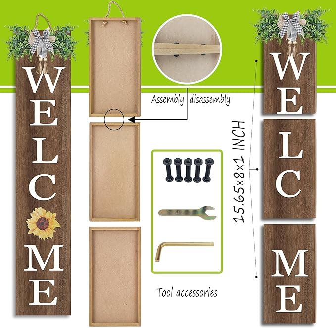 Interchangeable Outdoor Welcome Sign for Front Porch Standing 47"×8" Set of 3 Large Wood Frame with 12 Pcs Icons Vertical Tall Leaner Outside Welcome Sign for Front Door Decor(Wood)