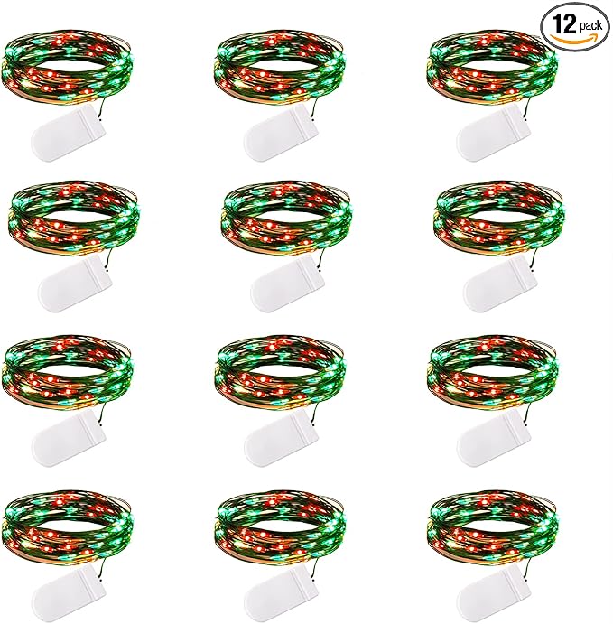 Brightown 12 Pack Led Fairy Lights Battery Operated String Lights Waterproof Silver Wire 7 Feet 20 Led Firefly Starry Moon Lights for DIY Wedding Party Bedroom Patio Christmas (12 Pack, Red & Green)