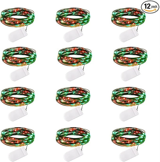 Brightown 12 Pack Led Fairy Lights Battery Operated String Lights Waterproof Silver Wire 7 Feet 20 Led Firefly Starry Moon Lights for DIY Wedding Party Bedroom Patio Christmas (12 Pack, Red & Green)