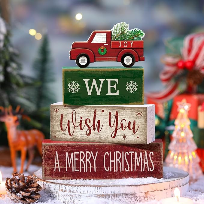 4 Pcs Rustic Christmas Decor Wooden Red Truck Winter Tiered Tray Decor Merry Christmas Table Centerpiece Wood Red Truck Block Sign Gift Farmhouse for Home Kitchen Tabletop Office Shelf