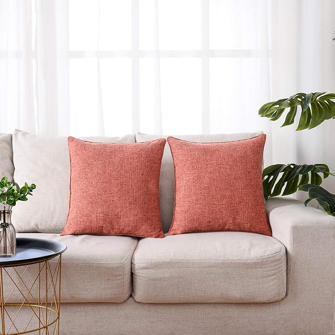 HPUK Linen Throw Pillow Covers Pack of 2, 18x18 Inch Accent Cushion Covers for Living Room, Bedroom, Decorative Solid Color Pillow Covers for Couch, Sofa, Chair, Coral