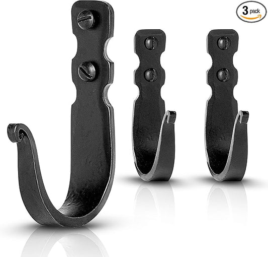 Decorative Hooks for Wall - Metal Wall Hooks for Hanging Coats, Hats & Bags, Rustic Towel Hooks for Bathrooms or Kitchen - Wrought Iron Farmhouse Hangers - Pack of 3, Black - 3.3x2x0.8 Inches