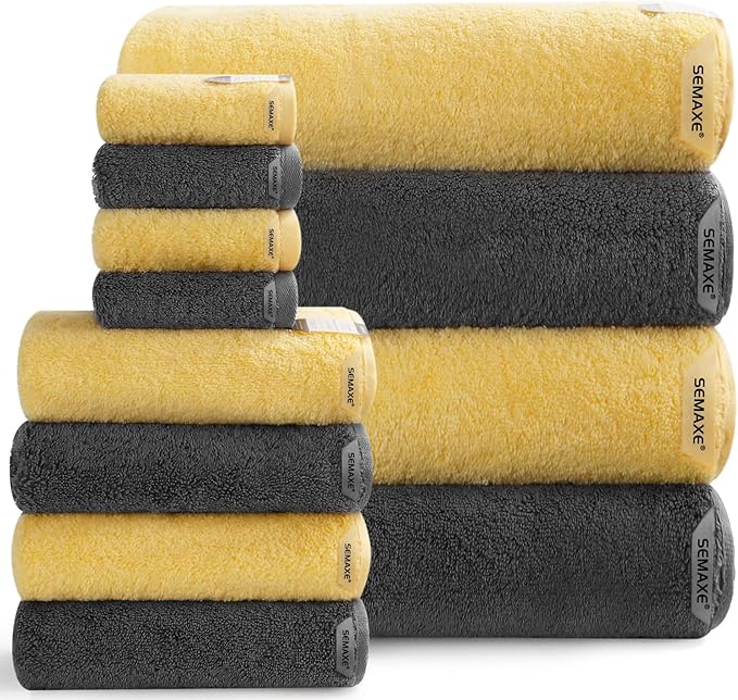 SEMAXE 12-Piece Mixed Color Towel Set (Yellow, Grey) - 100% Cotton, Lightweight, Absorbent, Quick-Drying Bathroom Towel, Ideal for Couples and Gifts, Bath Towel, Hand Towel, and Washcloth Per Color