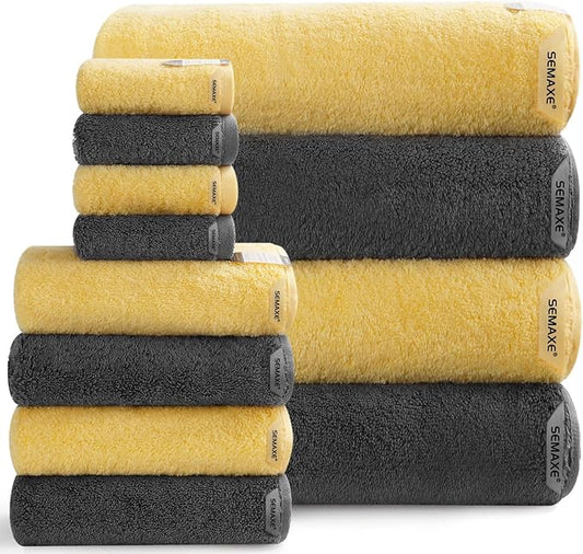 SEMAXE 12-Piece Mixed Color Towel Set (Yellow, Grey) - 100% Cotton, Lightweight, Absorbent, Quick-Drying Bathroom Towel, Ideal for Couples and Gifts, Bath Towel, Hand Towel, and Washcloth Per Color