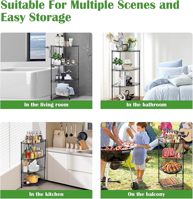 4-Shelf Carbon Steel Corner Storage Shelves with Adjustable Sturdy Wire Shelving Unit, Bookshelf Display Racks Organizer for Bedroom Living Room Kitchen Garage Pantry Closet (Max Load 120kg/265lbs)