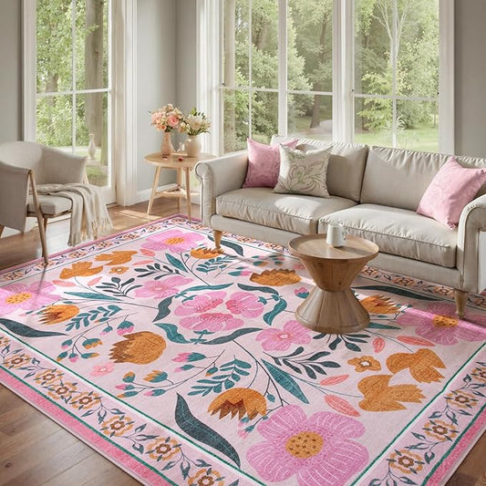 Beeiva Pink Rug 8 x 10 Rug for Living Room, Soft Washable Area Rugs Ultra Thin with Low Plie, Flower Large Non Slip Throw Carpet for Bedroom Nursery Playroom Classroom Décor (Pink,8'x10)
