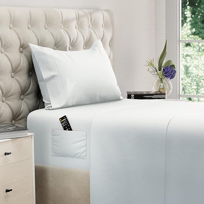 DREAMCARE Twin XL Sheet Sets – 3pcs Cooling Sheets – up to 21” Extra Deep Pocket Twin XL Sheets Set – Hotel Luxury Sheets & Pillowcases – Superior Softness 100% Fine Microfiber with Side Pocket –White