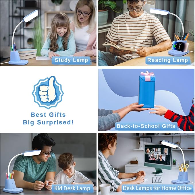 Sailstar Small Desk Lamp, Blue Desk Lamp with Pen Holder, Wireless Charger LED Desk Lamps for Home Office, 800LM Gooseneck 3 Modes Dimmable Touch Cute Desk Lamps, Study Lamps for College Dorm Room