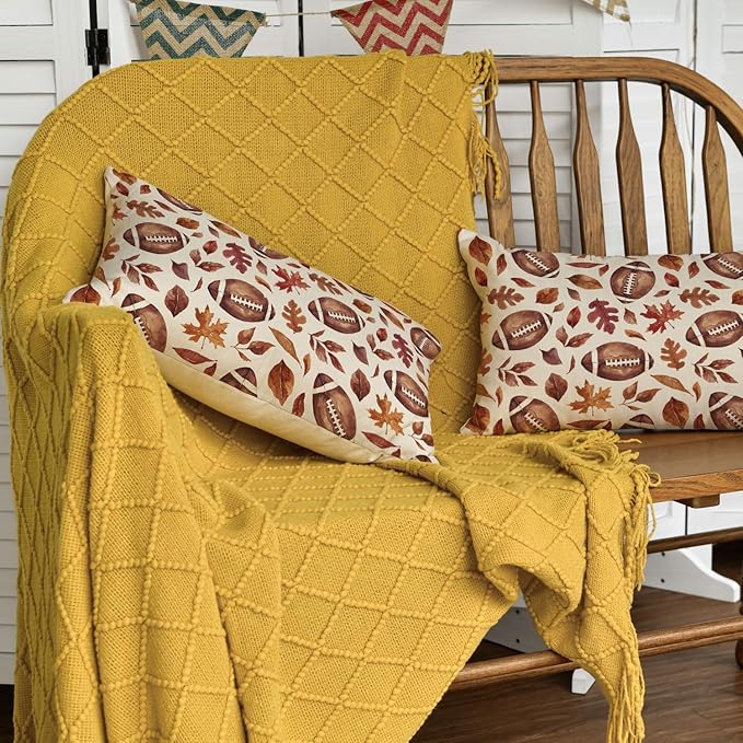 AVOIN colorlife Fall Football Maple Leaves Throw Pillow Covers 12x20 Inch, Seasonal Autumn Thanksgiving Harvest Cushion Case Decoration for Sofa Couch Set of 2