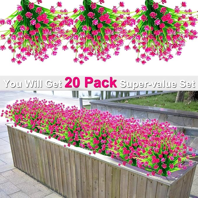 TURNMEON 20 Bundles Artificial Flowers for Outdoors Fake Plants Summer Decor, UV Resistant Artificial Plants Cemetery Fake Flowers Faux Plastic Greenery Shrubs for Home Porch Decor 580 Heads(Magenta)