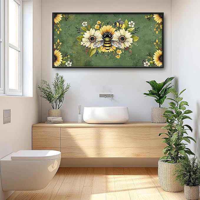 Flintis Large Bee Wall Art Bee Sunflower Pictures Wall Decor Abstract Animal Canvas Painting Print Artwork Decoration Framed for Living Room Bathroom Master Bedroom Office Dining Room 60L x 30W