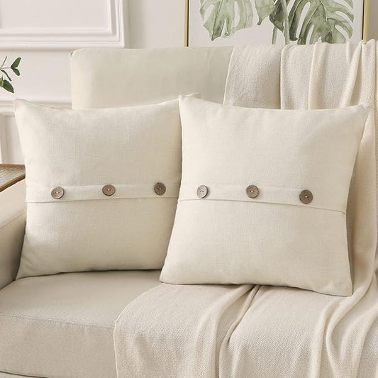 HAUSSY Cream White Linen Decorative Throw Pillow Covers 14x14 Inch Set of 2,Square Cushion Case with 3 Vintage Buttons,Modern Farmhouse Home Decor for Couch,Bed