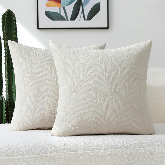 FUTEI Beige Decorative Throw Pillow Covers 22x22 Inch Set of 2,Soft Chenille Phoenix Tail Leaf Textured Cushion Case,Modern Home Decor for Couch Bed Living Room