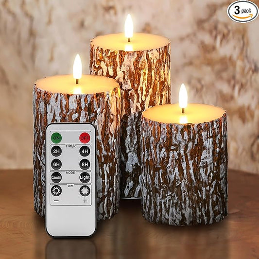 Eywamage Brown Pine Bark Flameless Pillar Candles with Remote, Farmhouse Battery Operated LED Wood Candles Set of 3