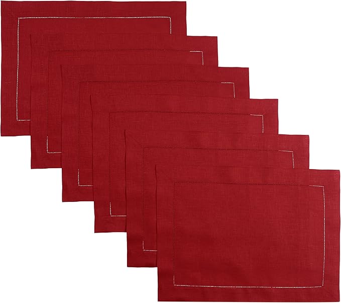 D'Moksha Homes Red Linen Placemats Set of 6 - Classic Hemstitch Placemats 14 x 19 Inch - 100% Pure Linen Table Mats for Fall, Autumn and Halloween - Handcrafted and Machine Washable