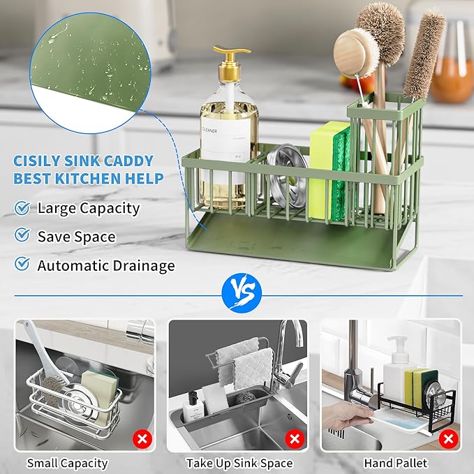 Cisily Kitchen Sink Caddy, Sponge Holder for Kitchen Sink, Kitchen Sink Organzier and Storage with High Brush Holder, 304 Stainless Kitchen Gadgets Sink Accessories, Organizadores de Cocina Sage Green