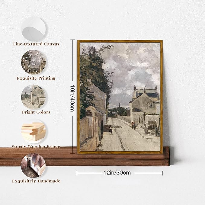 crmotu Framed Canvas Wall Art, Country Street Landscape Art Prints, Old Architecture Vintage Decor Pictures, Retro Scenery Wall Paintings for Living Room Bedroom Kitchen Rustic Farmhouse Decor 12x16in