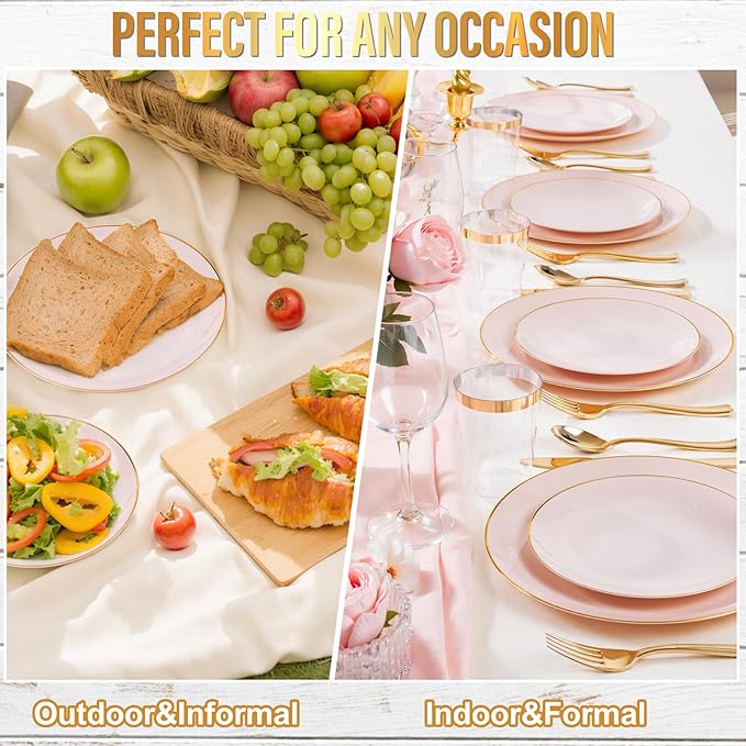 Nervure 100PCS Pink and Gold Plastic Plates - 10.25 inch Pink Disposable Plates with Gold Rim - Party Plate - Dinner Plate Ideal for Wedding & Party
