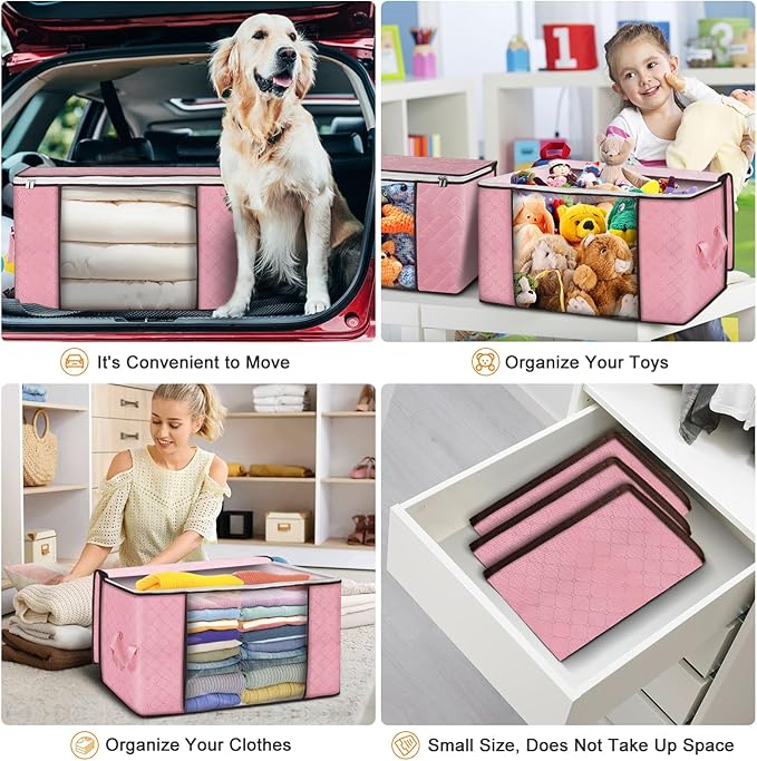 Budding Joy 90 L Large Storage Bags, 2 Pack Clothes Storage Bins Foldable Closet Organizer Storage Containers Storage and Organization for Blanket, Comforters, Bed Sheets, Pillows and Toys (Pink)