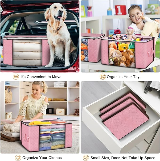 Budding Joy 90 L Large Storage Bags, 6 Pack Clothes Bins Foldable Closet Organizer Containers for Blanket, Comforters, Bed Sheets, Pillows (Pink)