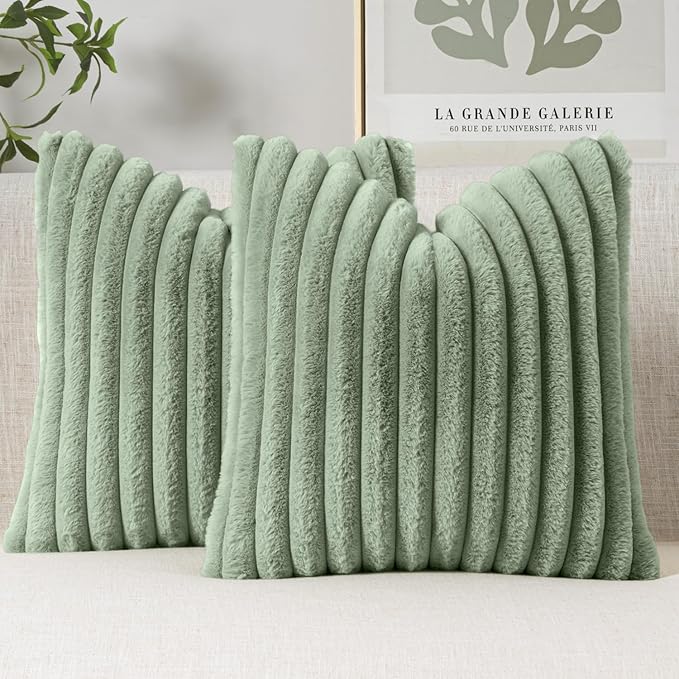 MIULEE Faux Fur Decorative Throw Pillow Covers 20x20 Inch Set of 2, Modern Spring Home Decor Soft Plush Couch Pillows Cozy Fluffy Cushion Covers for Sofa Bed Sage Green