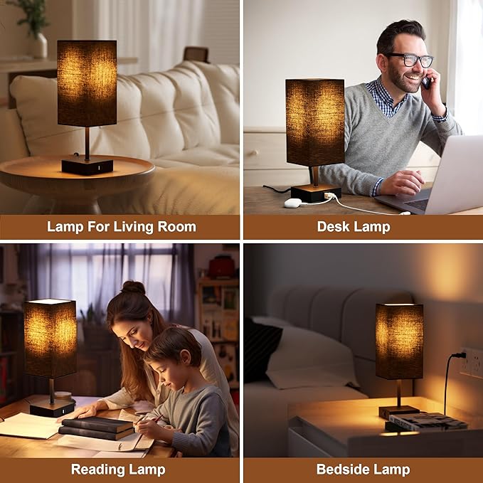 Sailstar Table Lamp for Bedroom, 3 Way Dimmable Touch Bedside Lamp, Small Lamp with 2 USB C+A Charging Ports, Black Nightstand Lamps for End Table, Living Room, Desk, Bulb Included