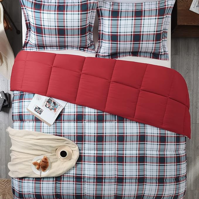 Beyond Basic King Size Comforter Set - Black & Red Striped, Lightweight Down Alternative King Set (Red/Black)