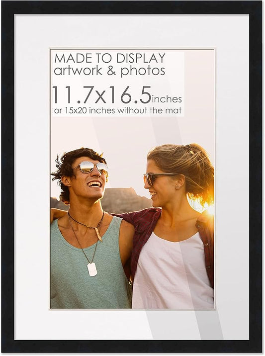 CountryArtHouse A3 11.7x16.5 Black Frame with White Mat | Solid Wood | 15x20 Frame Matted to 11.7x16.5 | UV Acrylic Shatter Guard Front, with Foam Board Backing and Wall Hanging Hardware - Wood Frame