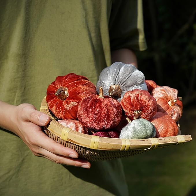 18 Pcs Velvet Pumpkins, Fake Assorted Velvet Pumpkins Harvest Festival Thanksgiving Halloween Decor, Autumn Table Centerpiece Decoration (Assorted Colors-Velvet)