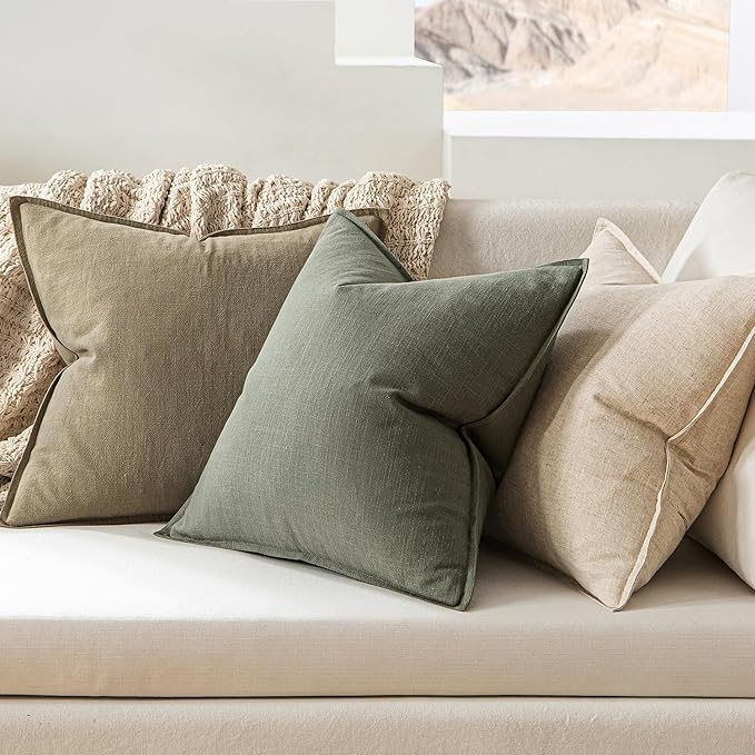 MIULEE Decorative Linen Pillow Covers 20x20 Inch Olive Green Boho Farmhouse Neutral Couch Throw Pillows for Bed Pack of 2 Accent Outdoor Pillowcase Modern Sofa Cushion Livingroom Home Decor