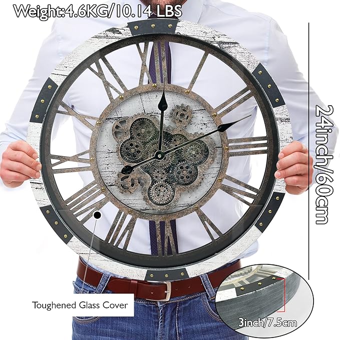 DORBOKER 24" Large Wall Clock with Moving Gears,Oversize Vintage Industrial Rustic Farmhouse Clocks for Living Room Decor Office Home,Solid Wood HD Tempered Glass Cover,White Grey