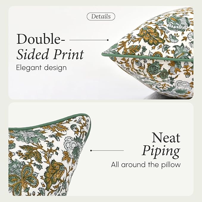 CPC 100% Cotton Throw Pillow Covers 20x20 Inch, Set of 2 Blue Block Print Pattern Couch Pillow, Cute Boho Decorative Pillows for Living Room, Bedroom with Hidden Zipper- Blue Topaz