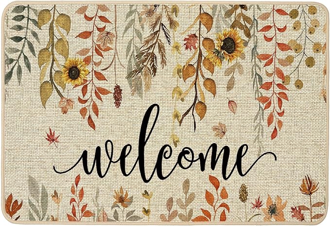 ORTIGIA Welcome Fall Doormat Indoor Outdoor Patio Eucalyptus Leaves Sunflowers Door Mats Non-Slip Durable Entrance Mat for Farmhouse Home Entrance, Outside Entry, Yard, Floor, Patio 32x47 Inch