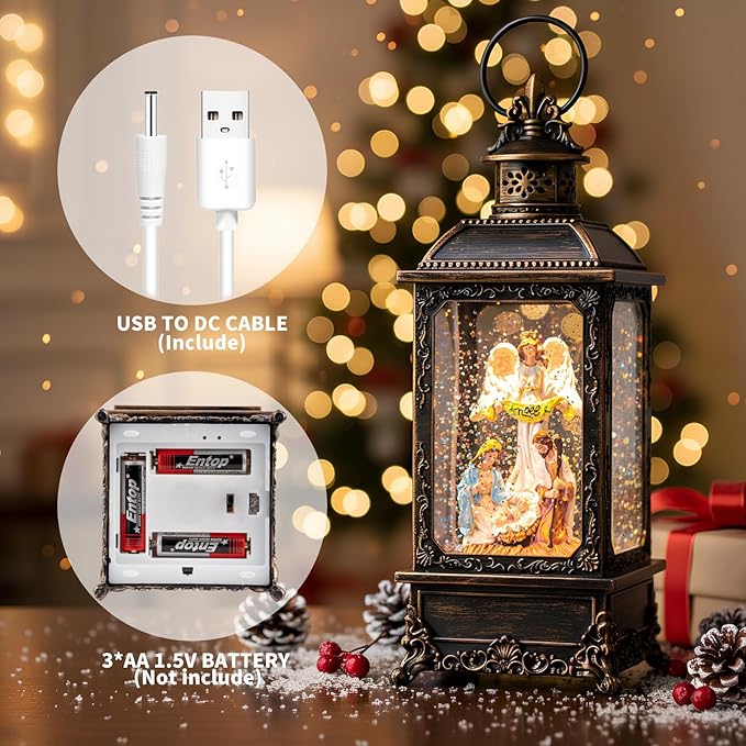 Christmas Snow Globes, Manger Snowflake Ball Nativity Scene, Silent Night Music Water Lantern, USB Powered & Battery, Holiday Decorations Gifts for Family, Children or Friend