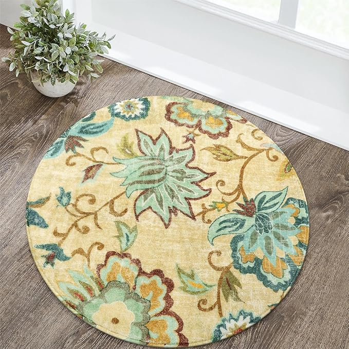 Lahome Floral Small Circle Rug, 3Ft Round, Washable Non-Slip Throw, Soft Boho, Beige Paisley Print, Indoor Area Rug for Kitchen, Bedroom, Nursery, Kids