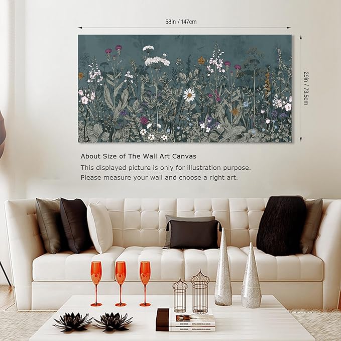 NINEASO Botanical Canvas Wall Art - Dusty Blue Wildflower Nature Pictures Bloom Floral Wall Decor Flower Plants Painting Print Artwork for Living Room Bedroom Home Office Decorations 29" x 58"