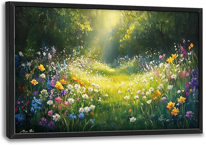 Green Forest Wall Art for Living Room, Large Green Canvas Wall Decor, Wildflowers Flowers Pictures Framed Painting, Landscape Artwork for Bedroom Office Home Decor 36L'' × 24W''