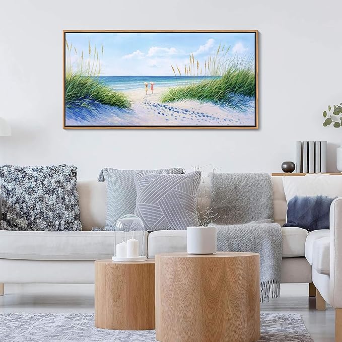 Coastal Wall Art - Large Landscape Wall Art for Living Room, Bedroom Pictures, Ocean Beach Artwork, Blue painting, Above Bed Decor, Coastal Landscape Wall Decor,Framed Beach Pinting 24×48IN