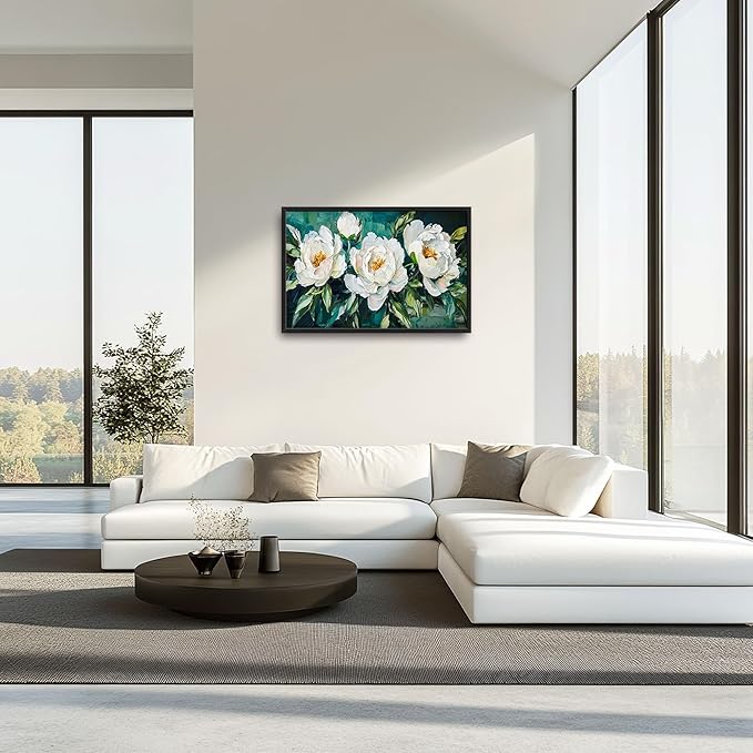 White Flower Large Wall Art for Living Room, Peoney Floral Oversized Wall Decor Pictures, Rustic Framed Canvas Print Painting, Modern Artwork for Bedroom Office Home Decor 36"x24"