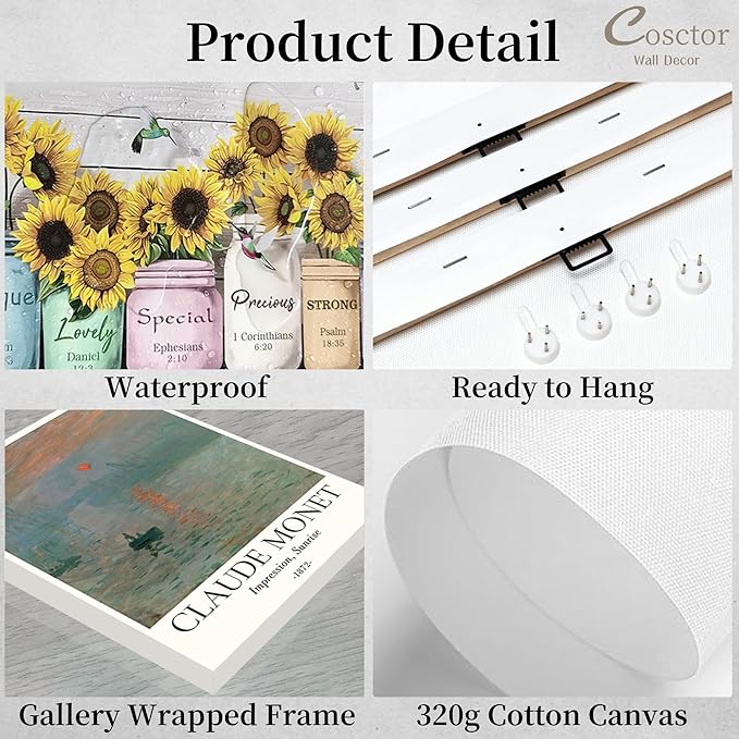 COSCTOR Set of 6 Botanical Floral Wall Art Decor Vintage Flower Market Canvas Framed 6 Pieces Green Plant Sage Minimalist for Bedroom Living Room Bathroom Hallway Home Decoration(Framed, 12x16)