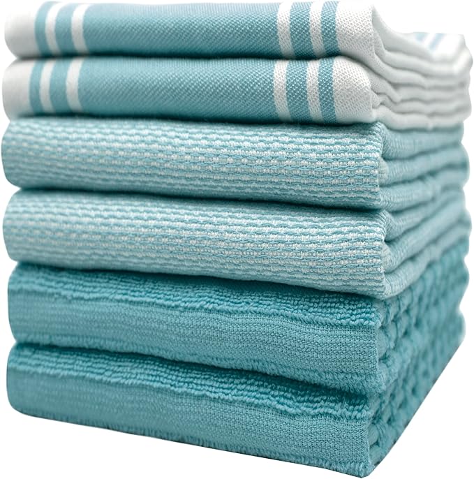 Premium Kitchen Towels (20”x 28”, 6 Pack) – Large Cotton Kitchen Hand Towels – Flat & Terry Towel – Highly Absorbent Tea Towels Set with Hanging Loop (Wide Stripe Aqua)