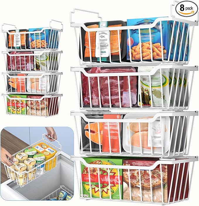 Goovilla Freezer Organizer Bins with Foldable Handle, 8 Pack Stackable Freezer Baskets for 3.5-7 Cu.FT Deep Chest Freezer Organization, White Metal Freezer Storage Bins with Better Space Utilization