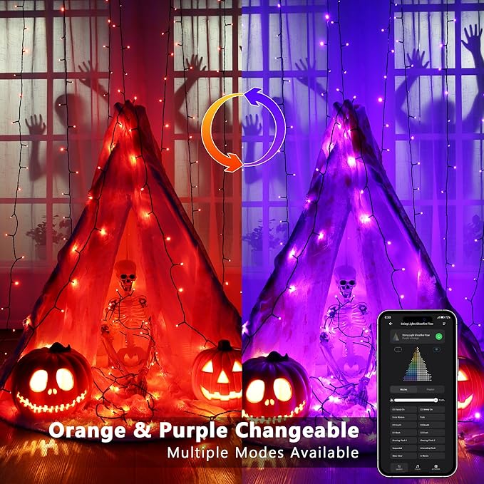 Brizled Smart Halloween Lights, 300 LED 98FT Orange & Purple Color Changing String Lights APP & Voice Control, Music Sync, Dimmable Ghostfire Flow Light for Outdoor Indoor Halloween Thanksgiving Decor